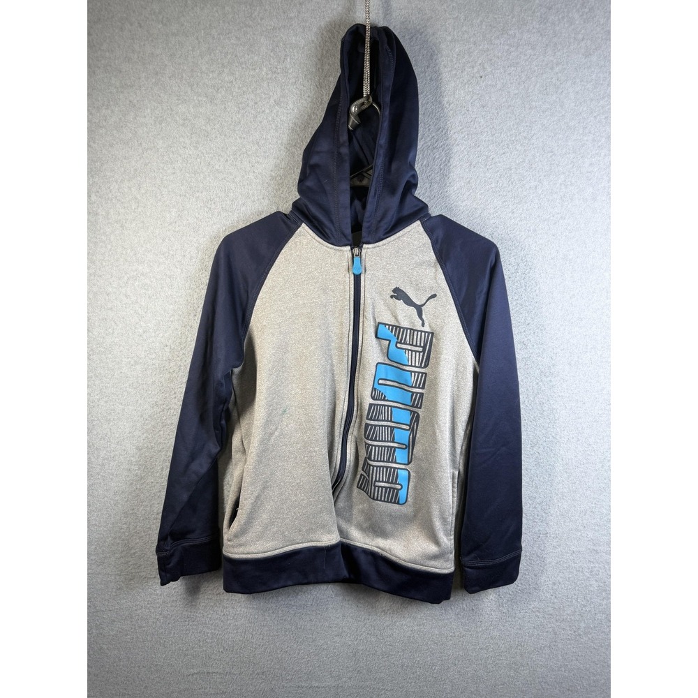 PUMA Hoodie Jacket Boys L 14-16 Gray Navy Full Zip Fleece Graphic Logo Pockets